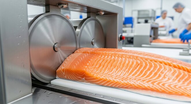 Salmon fillet being precisely sliced by automated machinery in a sterile food processing facility