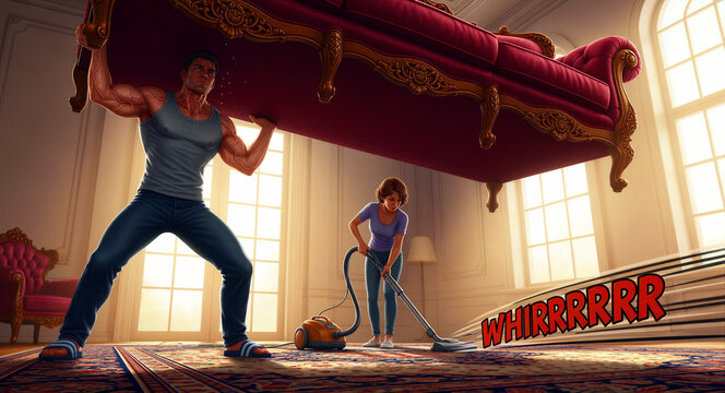 Strong man lifting a heavy red sofa while a woman vacuums the rug. Extreme house cleaning illustration showing teamwork in a luxury room. Humorous domestic chores and strength concept for home.
