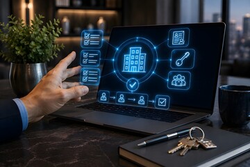 Fototapeta premium Property management workflow hologram with building icon and checklist tiles