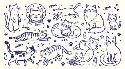 Fototapeta premium Collection of handdrawn adorable cartoon cats in various playful poses and activities