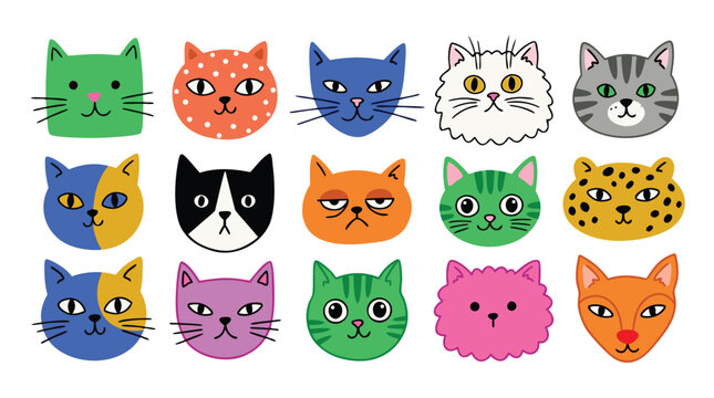 Collection of fifteen colorful and diverse cartoon cat faces with different expressions and patterns