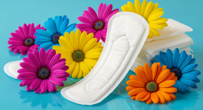 White sanitary napkin among colorful gerbera daisy flowers on a blue background. Soft feminine hygiene products for period protection. Wellness concept for women's health marketing campaigns.
