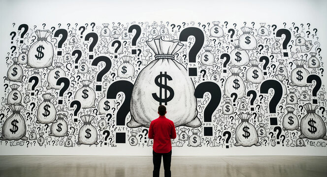 Man in red shirt looking at a wall covered in money bags and question marks. Investor analyzing a mural of wealth and financial uncertainty. Conceptual image for banking and economic planning.