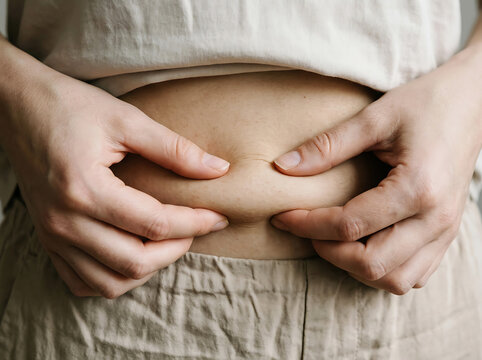 Person pinching abdomen skin fold in beige clothing flesh