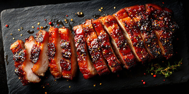 Char Siu Pork Rib Rack on Cutting Board Seasoning Flatlay