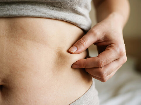 Person pinching skin on abdomen showing excess fat body