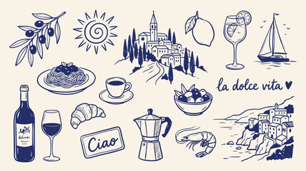 Collection of Italian lifestyle icons including food drinks travel and scenic views in a charming sketch style © Amirul