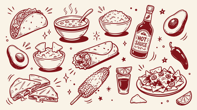 Collection of handdrawn Mexican food and beverage items presented in a playful doodle style