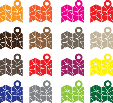 Map pin icons, colorful location markers, navigation symbols, 20 map pointer graphics