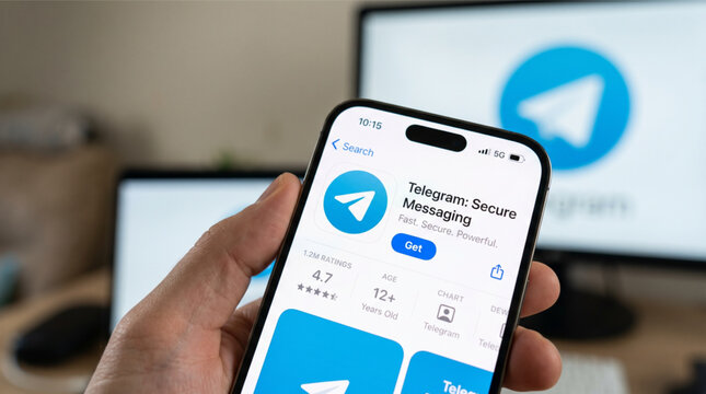 Closeup of a hand holding a smartphone displaying the Telegram messenger app store page with a computer monitor in the background showing the blue telegram logo, secure messaging application.