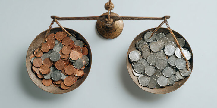 Coins on Balance Scale Financial Equality Concept Flatlay