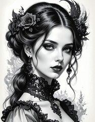 Fototapeta premium A woman with dark hair adorned with flowers and a lace top