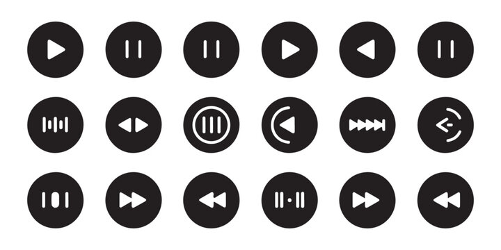 Comprehensive set of black circular media control icons for diverse audio video playback interface.