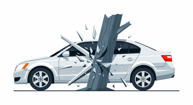 White sedan car crashing into a pole with flying glass shards. Flat vector illustration of a vehicle collision on a white background. Car accident and insurance claim concept for safety marketing.