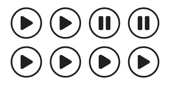 Play pause buttons vector icon set simple circle geometric shape media player controls collection.
