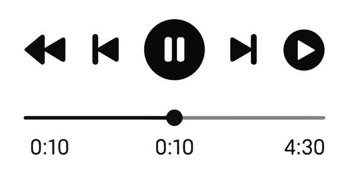 Music player interface with timeline play pause rewind fast forward buttons sound progress bar.