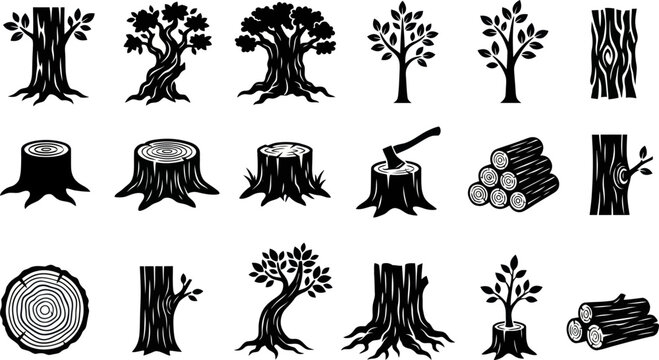 A collection of tree stumps and logs with various illustrations of trees and wood in a simple black and white graphic style.