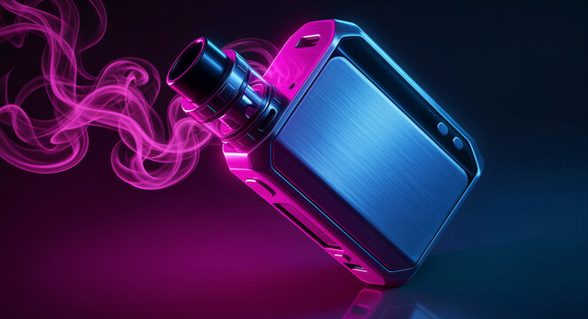 Modern vape mod with colorful pink vapor against a dark background. Sleek electronic cigarette features neon blue and magenta lighting. Vaping culture and tech concept for marketing campaigns.