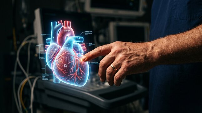 Doctor Pointing at Futuristic Holographic 3 D Human Heart Scan