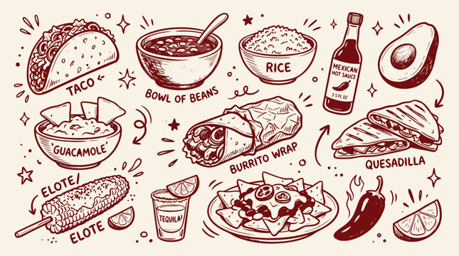 Handdrawn illustration of assorted delicious Mexican food and drink items arranged playfully
