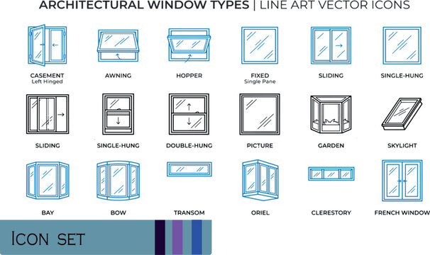 Print Architectural Window Types Line Art Icons - Professional Minimalist Vector Set for Construction Blueprint Design Elevations House Framing and Property Renovation Plans