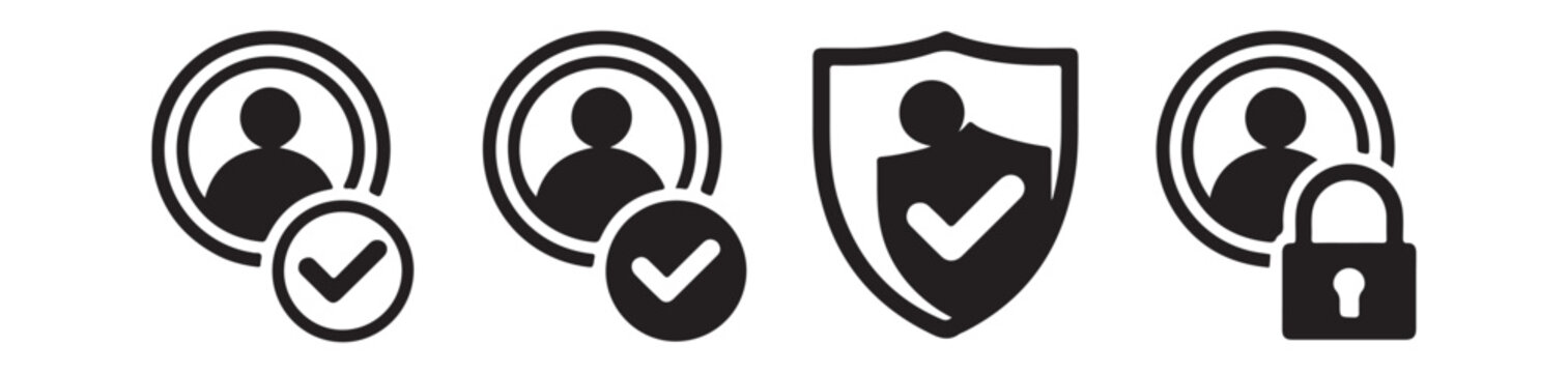 Set of user profile icons with checkmarks and a locked security padlock for secure account management.
