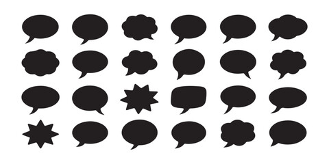 Fototapeta premium Set of 20 black silhouette speech bubbles and comic elements on transparent background.