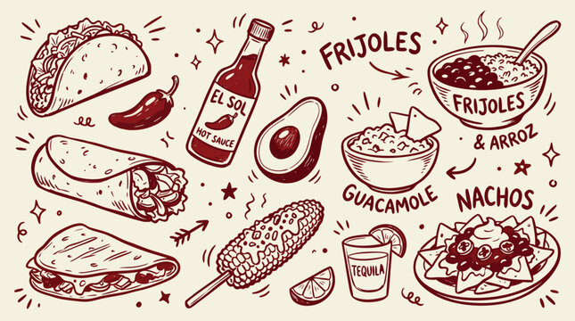 Vibrant illustration of various delicious Mexican food items and drinks arranged artistically