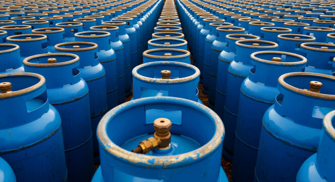 Rows of blue gas cylinders arranged in a storage facility. The industrial propane tanks are aligned perfectly for distribution. Energy supply and fuel storage concept for utility marketing.