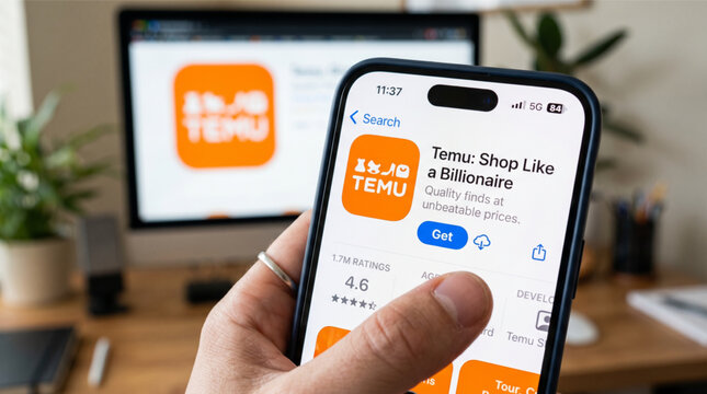 Closeup of a person's hand holding a smartphone displaying the Temu app store page on an iPhone screen with a desktop computer monitor showing the Temu website logo in the blurred background.