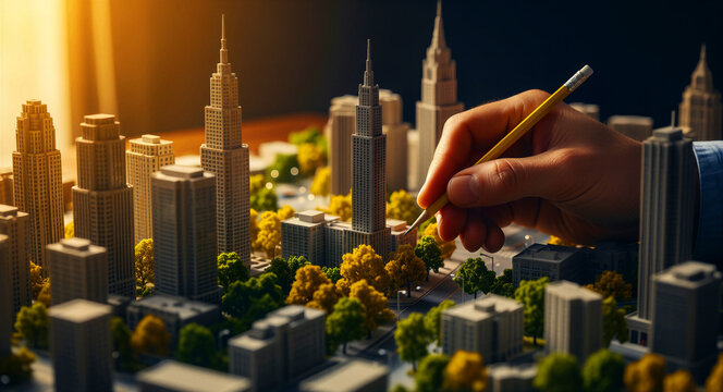 Architect hand holding pencil over a detailed city scale model. Planner designing miniature skyscrapers and urban spaces. Real estate development concept, ideal for architectural marketing.