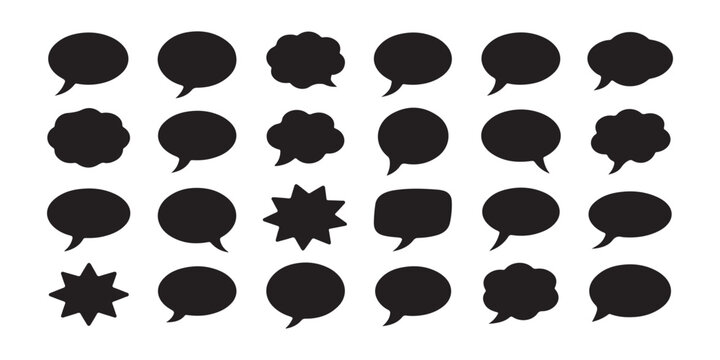 Set of 20 black silhouette speech bubbles and comic elements on transparent background.