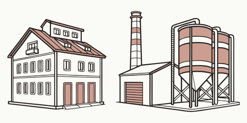 Fototapeta premium Manufacturing plant buildings and storage silos illustration with industry manufacturing building warehouse production industrial architecture infrastructure facility business construction