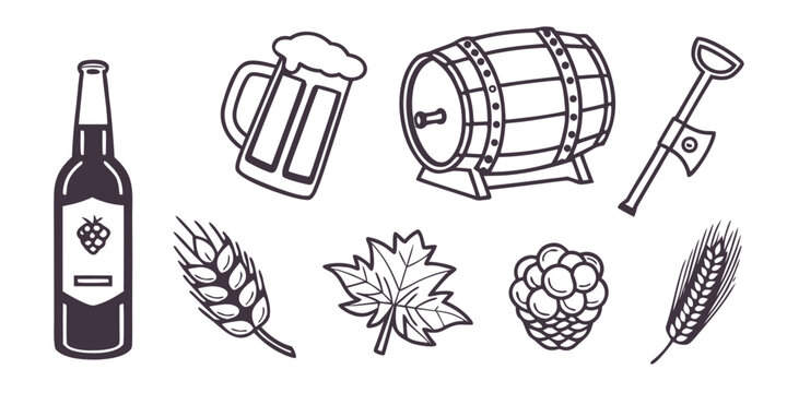 Craft beer brewing icon set featuring beer bottle barrel hops and wheat brewing equipment brewing tools beer making beer glass brewing supplies beer culture beverage industry beer mug