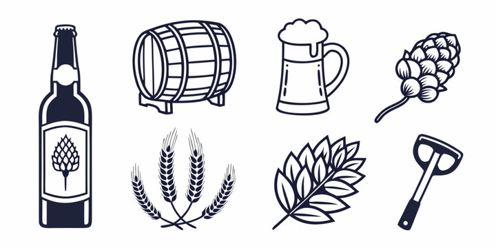 Set of craft beer brewing icons with wheat hops and wooden barrel beer glass brewing equipment brewing tools beer making beer culture beverage industry beer mug brewing ingredients beer label