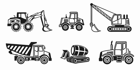Black and white construction vehicle icon set showing excavator tractor crane dump truck cement mixer with construction machinery equipment excavator industry building transport engineering © Mamun
