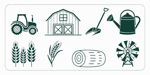Collection of agricultural farm icons including tractor wheat hay and barn with agriculture windmill countryside agricultural machinery equipment illustration elements watering pitchfork © Mamun