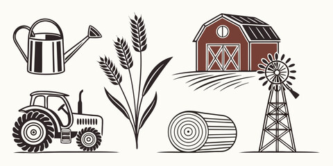 Farm and agriculture icons set with barn and tractor agriculture windmill watering countryside equipment illustration isolated cultivation agronomy building machinery industry production © Mamun