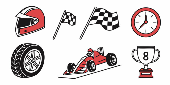 Racing icons collection featuring helmet flag clock tire car and trophy for sports graphic design competition championship automotive performance equipment challenge champion speedometer