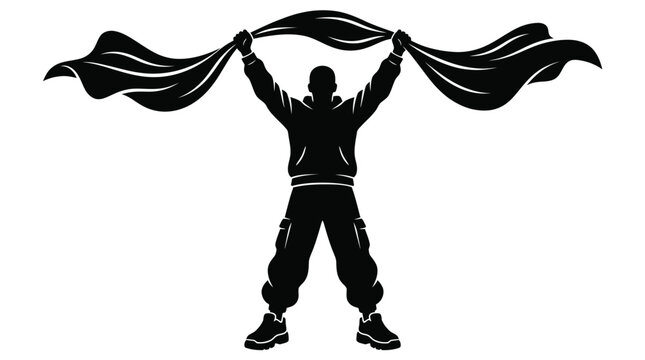 Black silhouette of a man holding a scarf high, football fan cheering with a banner, sports supporter celebrating victory vector illustration