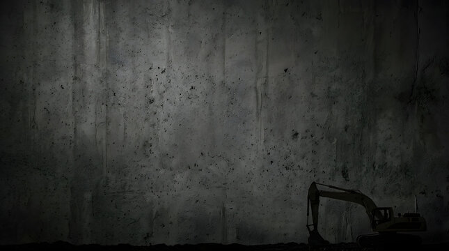 Grungy dark gray concrete wall texture with industrial equipment.