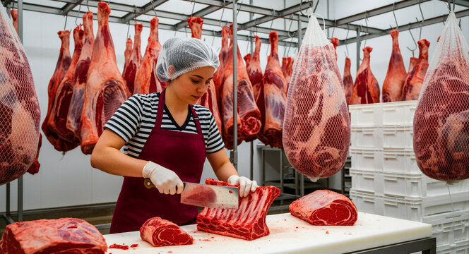 Female butcher cutting raw beef ribs in a meat processing facility. Professional preparing fresh meat in cold storage. Meat industry production concept for food supply marketing.