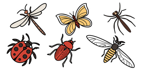 Set of colorful cartoon insect and beetle characters with butterfly dragonfly wildlife creature illustration collection colorful isolated background crawling environment scientific © Mamun