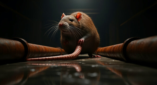 Brown rat sitting on a wet floor between rusty industrial pipes. Rodent in a dark underground sewer with cinematic lighting. Pest control and urban hygiene concept for sanitation marketing.