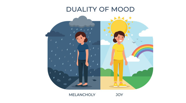 Colorful vector graphic illustration showing a woman experiencing the emotional duality of deep melancholy and joy