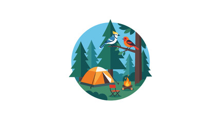 Camping scene with birds in forest, tent and campfire © Kompor