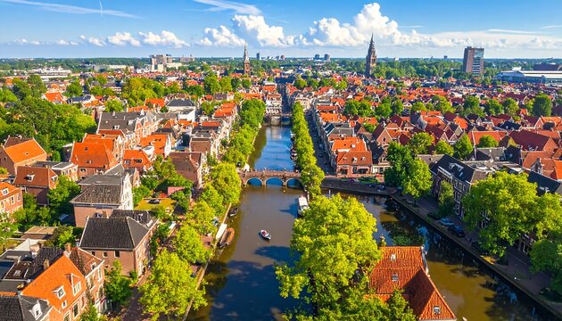 Aerial view of a European town with a canal running through it. Orange roofs, green trees, and blue sky