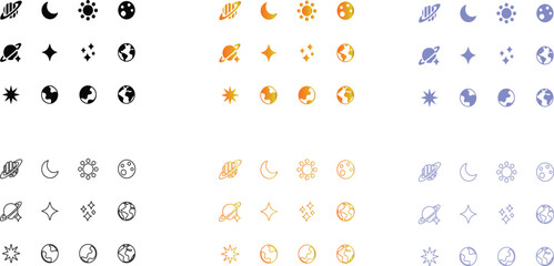 Space and Astronomy Icon Set including Planets, Moon, Sun, Stars, and Earth Vector Illustration © Ashis