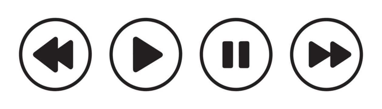 Circular outline media player playback buttons vector set featuring rewind play pause and fast forward.