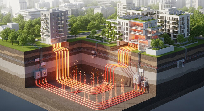 Detailed cross-section illustration of an urban geothermal energy system providing heating and cooling to multiple residential buildings.